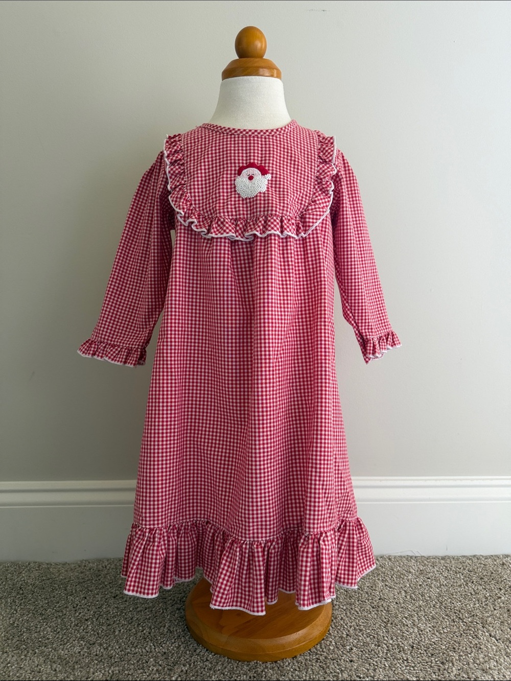 Embroidered Santa Red Gingham Ruffle Kids Nightgown